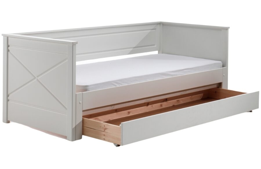 Bílá borovicová rozkládací postel Vipack Pino 90/180 x 200 cm se zásuvkou
