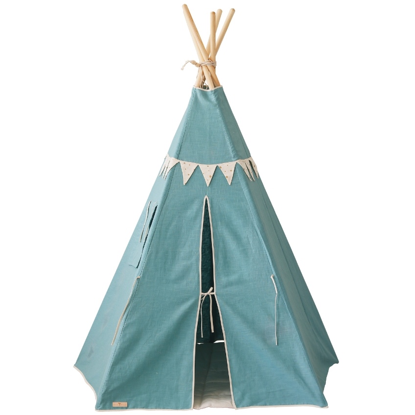 Moi Mili Modrý lněný teepee stan s girlandou Indian 170 x 130 cm