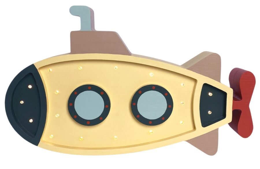 Peekaboo Žlutá dřevěná dětská LED lampa Ponorka 40 cm